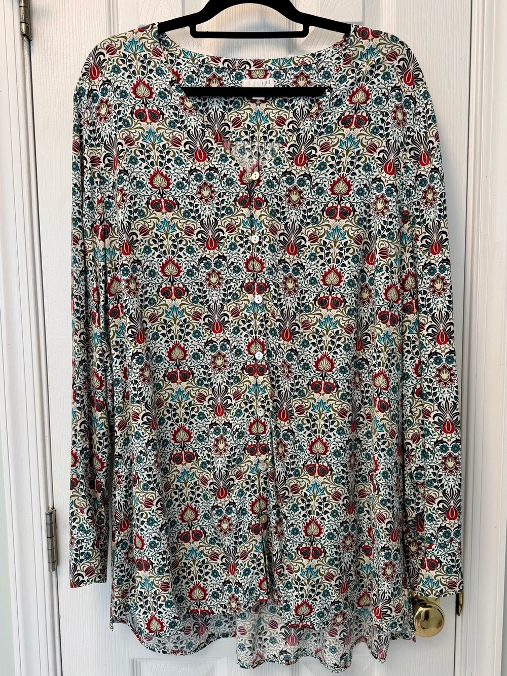J. Jill Floral Pomegranate Tunic Top Red Teal Accents XL boho folk artisan print